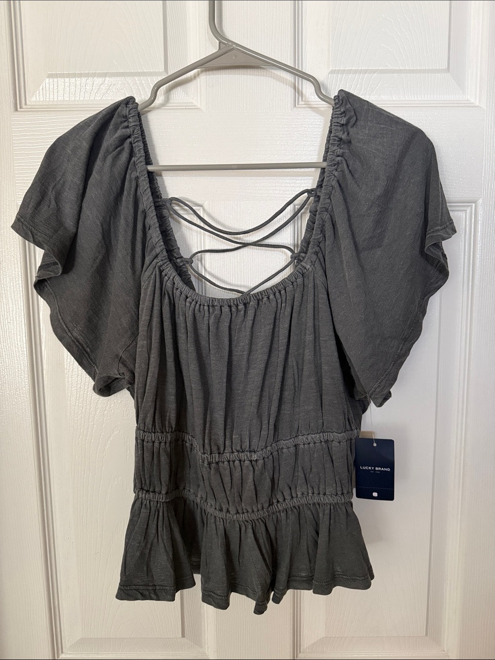 Lucky Brand Women's Charcoal Gray Peplum Tie-Back Top
